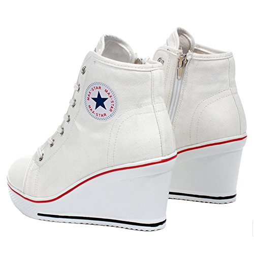 Padgene Mujer Cuñas Zapatos De Lona High-Top Zapatos Casuales Encaje Hebilla Cremallera Lateral Tacón Cuña 8CM (Blanco, Numeric_38)