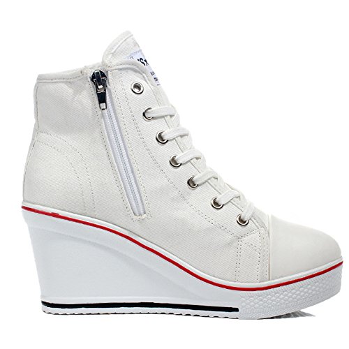 Padgene Mujer Cuñas Zapatos De Lona High-Top Zapatos Casuales Encaje Hebilla Cremallera Lateral Tacón Cuña 8CM (Blanco, Numeric_38)