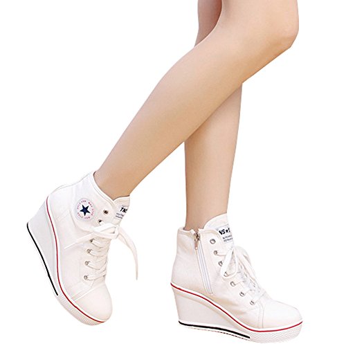 Padgene Mujer Cuñas Zapatos De Lona High-Top Zapatos Casuales Encaje Hebilla Cremallera Lateral Tacón Cuña 8CM (Blanco, Numeric_38)
