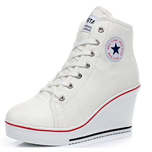 Padgene Mujer Cuñas Zapatos De Lona High-Top Zapatos Casuales Encaje Hebilla Cremallera Lateral Tacón Cuña 8CM (Blanco, Numeric_38)
