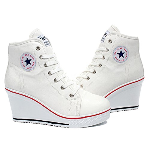 Padgene Mujer Cuñas Zapatos De Lona High-Top Zapatos Casuales Encaje Hebilla Cremallera Lateral Tacón Cuña 8CM (Blanco, Numeric_38)