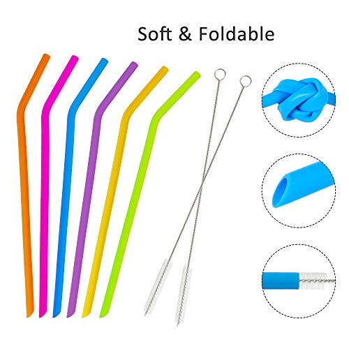 Pajitas de Silicona Reutilizables Plegable Ecológico Sin BPA Pajas de Beber con 2 Cepillos de Limpieza para Bebidas Frías Juice Coffee Cóctel para Adultos y Niño 6 Piezas
