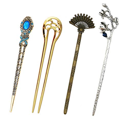 Palillos de bollos de bronce de metal con horquilla de diamante/flor de diamantes de imitación chinos/accesorios para el cabello del sector retro y palitos de pelo en forma de U- 4 piezas