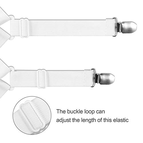 PAMIYO 8 Piezas Sujetadores para Sábanas, Clips de Hoja, Ajustable Largo Correas de la Hoja, Ajustables Elásticos Correas Cama Clips para Sábana Bajera Fundas de Colchón Sofá (Blanco)