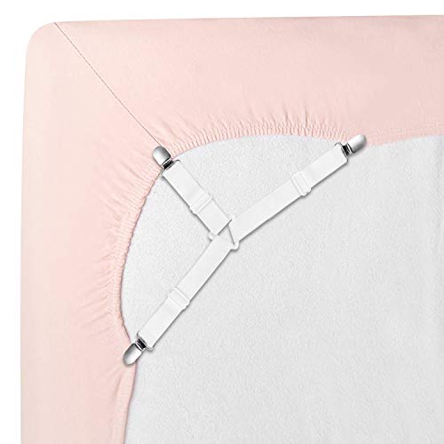 PAMIYO 8 Piezas Sujetadores para Sábanas, Clips de Hoja, Ajustable Largo Correas de la Hoja, Ajustables Elásticos Correas Cama Clips para Sábana Bajera Fundas de Colchón Sofá (Blanco)