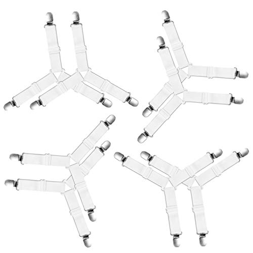 PAMIYO 8 Piezas Sujetadores para Sábanas, Clips de Hoja, Ajustable Largo Correas de la Hoja, Ajustables Elásticos Correas Cama Clips para Sábana Bajera Fundas de Colchón Sofá (Blanco)