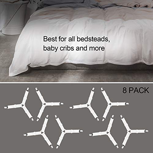 PAMIYO 8 Piezas Sujetadores para Sábanas, Clips de Hoja, Ajustable Largo Correas de la Hoja, Ajustables Elásticos Correas Cama Clips para Sábana Bajera Fundas de Colchón Sofá (Blanco)