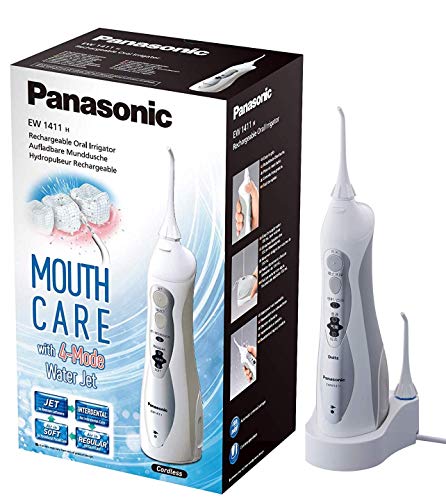Panasonic EW1411H845 - Irrigador Bucal Eléctrico Portátil, Modo AIR IN (Burbujas de Agua), 3 Niveles de Potencia, Recargable, Inalámbrico, para Aparatos Dentales, Ligero, Blanco