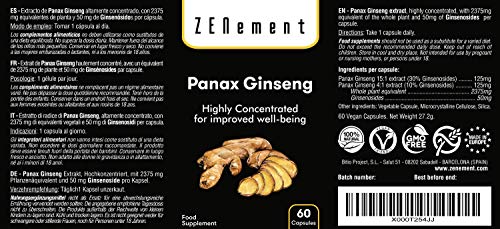 Panax Ginseng 2375mg, 50 mg de Ginsenósidos, 60 Cápsulas | Mejora la concentración, memoria y resistencia atlética | No GMO, 100% Natural | Zenement