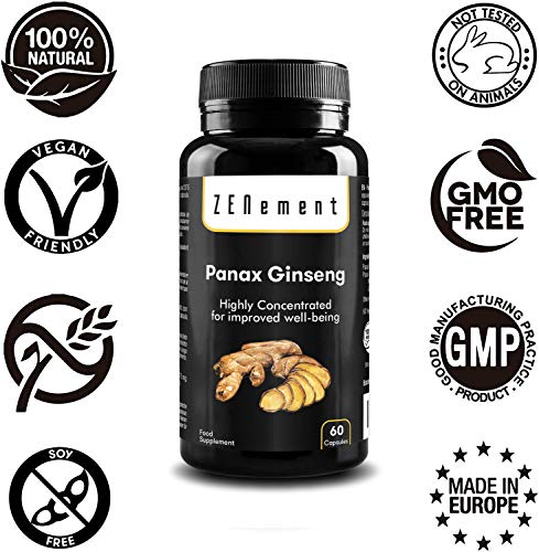 Panax Ginseng 2375mg, 50 mg de Ginsenósidos, 60 Cápsulas | Mejora la concentración, memoria y resistencia atlética | No GMO, 100% Natural | Zenement