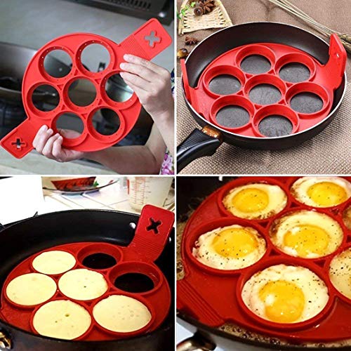 Pancake Moldes Silicona, 7 Ring Molde Formas, Molde de Frito Reutilizable Silicone Antiadherente Pancake Maker Anillo de huevo Hacer un Pastel Rápidamente