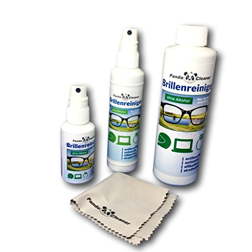 Panda Cleaner® Set 400 ml Limpiador de gafas 50 ml spray para viajes + 100 ml para casa + 250 ml botella | sin alcohol | antibeschlag | streifenfrei | también para pantallas, monitores, visera