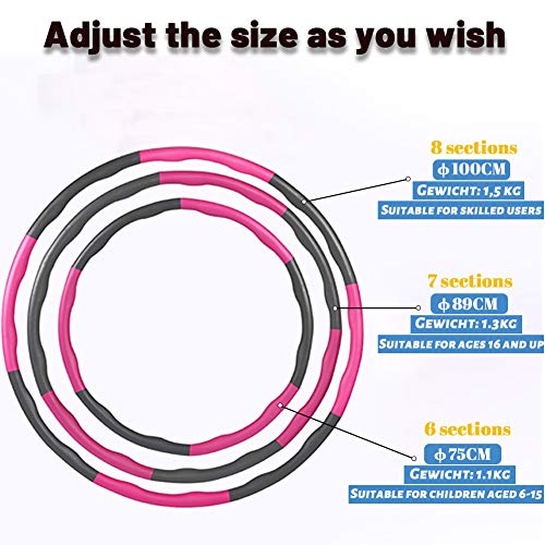 Panngu 8 Secciones Aros de Fitness 1.5kg, Fitness Ejercicio Hula Hoop Desmontable per Perder Peso, Hacer Fina Cintura, 6/7/8 Secciones Partes ensambladas Hula Hoop - Mini Cinta Métrica（Rosa y Blanco）