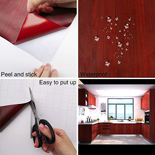 Papel de contacto de grano de madera, color rojo y marrón 15.75" x 118.11" vinilo adhesivo decorativo para muebles, película de vinilo, madera, parte trasera adhesiva, plástico y textura de cerezo