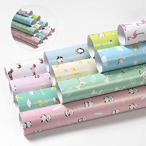Papel Para Envolver Regalos, GuKKK 10 Hojas Papel de Regalo + 2 Rollo de Cinta, Niños Niñas Cumpleaños Papel Regalo, para Cumpleaños, San Valentín, Día De Fiesta, Baby Shower, Navidad(70 x 50cm)