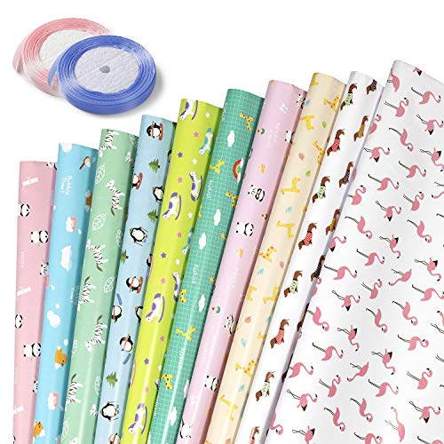 Papel Para Envolver Regalos, GuKKK 10 Hojas Papel de Regalo + 2 Rollo de Cinta, Niños Niñas Cumpleaños Papel Regalo, para Cumpleaños, San Valentín, Día De Fiesta, Baby Shower, Navidad(70 x 50cm)