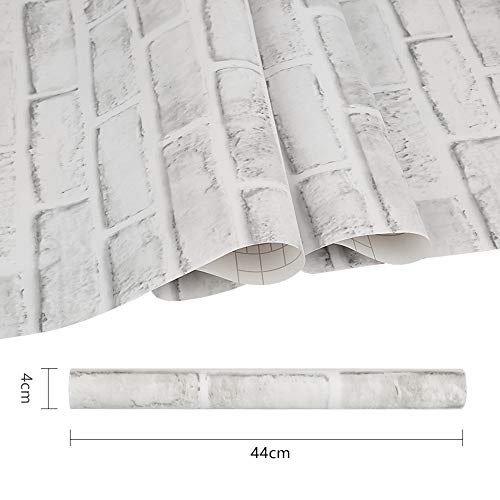 Papel Pintado Blanco Rústico con Efecto de Ladrillo Gris Papel Pintado Rústico Autoadhesivo Papel de Contacto Rollo Papel Pintado con Cáscara y Palo Papel Pintado con Salpicaduras Traseras 44*1000cm