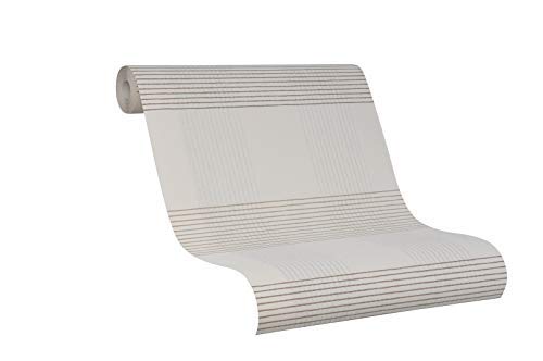 Papel pintado con rayas, lineal, moderno, arquitectónico, para salón, dormitorio o pasillo, color beige, crema y plateado, efecto fabricado en Alemania - 10,05mx0,53m
