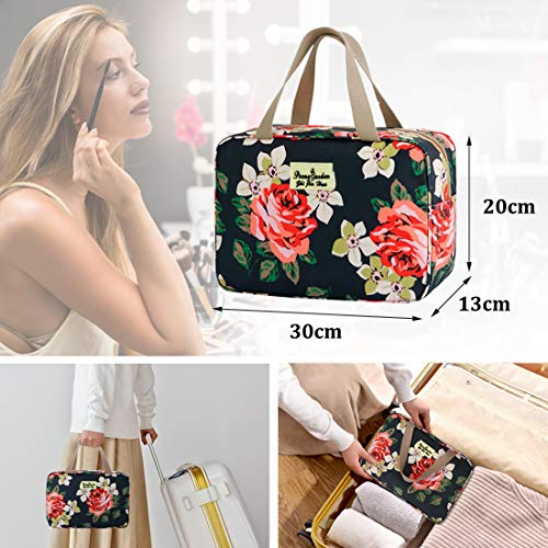 para mujer, bolsa de aseo grande, azul marino y rosa, a prueba de fugas, neceser con diseño floral para chicas Azul Rosa marina. 11.8L×5.1W×7.8H