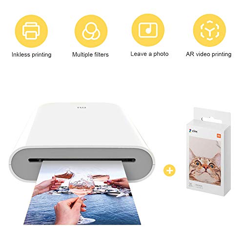 Para Xiaomi Mijia Impresora Portátil,Bluetooth 5.0,ZINK Tecnología Zero Ink Printing,300DPI Mini Bolsillo Fotográfico Portátil,con 20 Hojas 5x7,6cm ZINK Print Paste Paper,(Photo Printer+ 20 Paper)