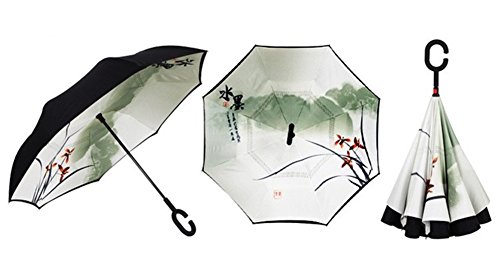 Paraguas invertido de doble capa independiente que se mantiene en pie por s&iacute solo paraguas de plegado invertido con mango en forma de C para mantener las manos libres mejor para viajar