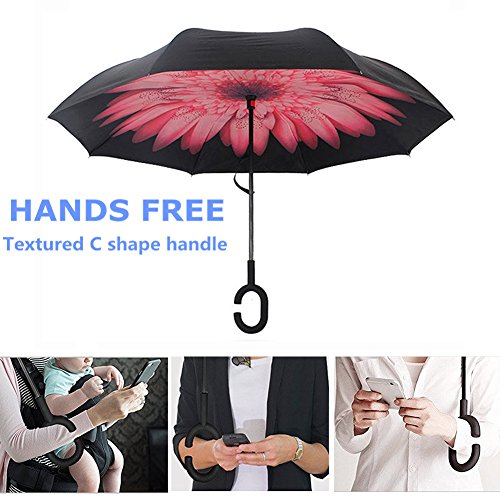 Paraguas invertido de doble capa independiente que se mantiene en pie por s&iacute solo paraguas de plegado invertido con mango en forma de C para mantener las manos libres mejor para viajar