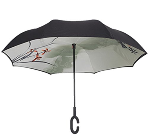 Paraguas invertido de doble capa independiente que se mantiene en pie por s&iacute solo paraguas de plegado invertido con mango en forma de C para mantener las manos libres mejor para viajar