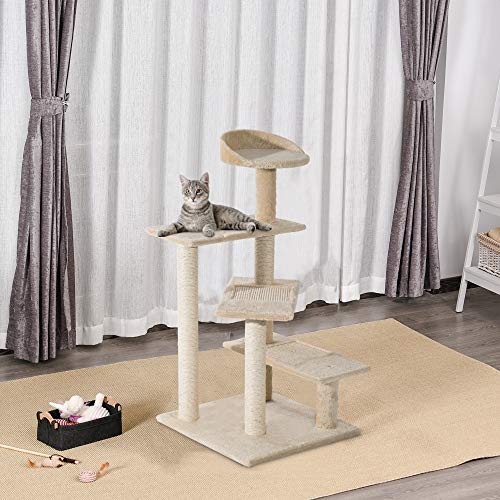 PawHut Árbol para Gato Rascador Poste para Arañar con Cama Plataforma con Manta de Sisal 50x50x100cm Terciopelo Beige