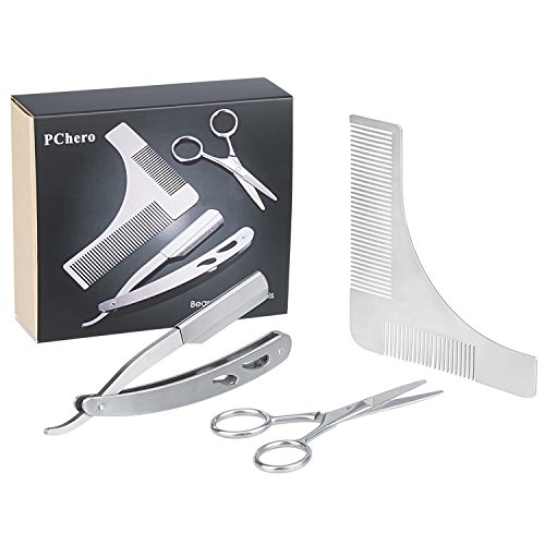 PChero 3-in-1 Barbero Herramientas Kit con Barba Peine Plantilla, Tijera y Navaja de Afeitar - La hoja no está incluida