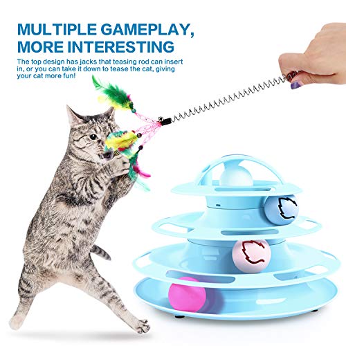 Pecute Juguete para Gatos con Diseño de Torre con 4 Pelotas de 4 Niveles,con Catnip Bola y Palo Divertido de Forma Ratón,Antideslizante y Facil de Desmontar