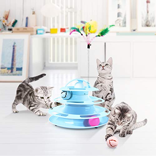 Pecute Juguete para Gatos con Diseño de Torre con 4 Pelotas de 4 Niveles,con Catnip Bola y Palo Divertido de Forma Ratón,Antideslizante y Facil de Desmontar