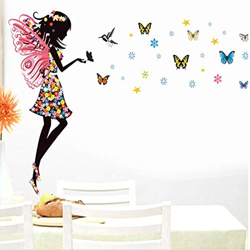 Pegatinas de pared 3D Hermosa flor de mariposa muchachas de hadas aves, bricolaje Arte casera del PVC fondo de pantalla, Corredor de sala de juegos for niños y niñas de decoración de interior 50x70cm