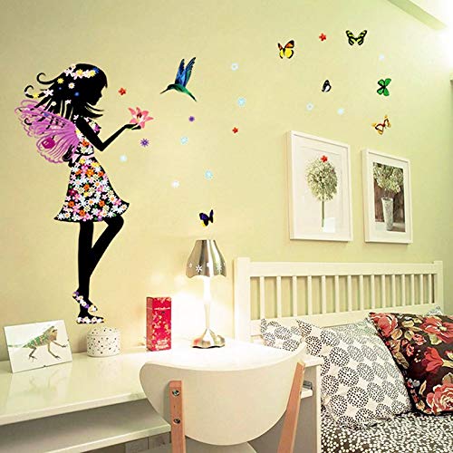 Pegatinas de pared 3D Hermosa flor de mariposa muchachas de hadas aves, bricolaje Arte casera del PVC fondo de pantalla, Corredor de sala de juegos for niños y niñas de decoración de interior 50x70cm