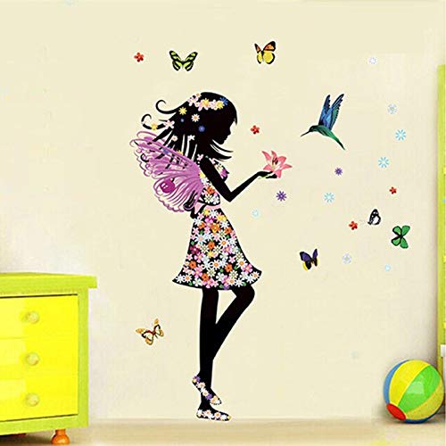 Pegatinas de pared 3D Hermosa flor de mariposa muchachas de hadas aves, bricolaje Arte casera del PVC fondo de pantalla, Corredor de sala de juegos for niños y niñas de decoración de interior 50x70cm