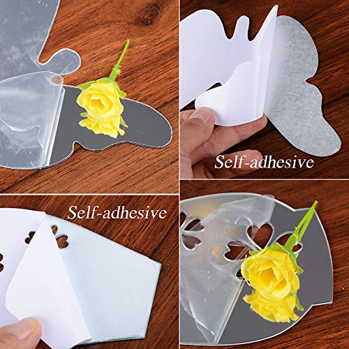 Pegatinas Pared Espejo Flores Florero y 30pcs Mariposas Vinilos Decorativas Adhesivos DIY Hogar Salón Dormitorio Baño Habitación Plateado