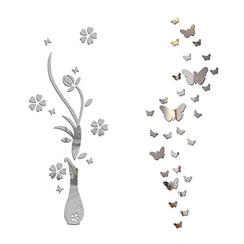 Pegatinas Pared Espejo Flores Florero y 30pcs Mariposas Vinilos Decorativas Adhesivos DIY Hogar Salón Dormitorio Baño Habitación Plateado