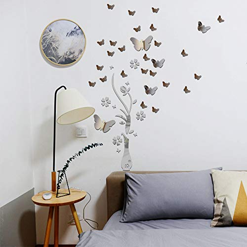 Pegatinas Pared Espejo Flores Florero y 30pcs Mariposas Vinilos Decorativas Adhesivos DIY Hogar Salón Dormitorio Baño Habitación Plateado