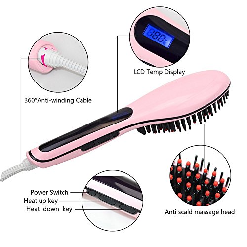 Pelo alisado cepillo, Merit, con control de temperatura LCD, plancha de pelo Cabello Peine con Fast Styling, desenredar eléctrico alisador para corto o largo, negro, grueso, fino, cabello ondulado o Bangs (Rosa)
