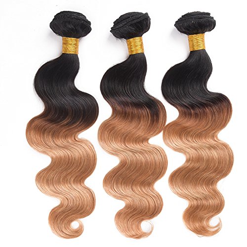 pelo humano natural brasileño brasileño onda cuerpo Virgen cabello Ombre 2 tono Ombre trama pelo humano onda 3 paquetes (14 16 18 inch, 1b/27 color)