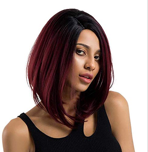Peluca corta recta Bob para las mujeres tendencia vino rojo degradado peluca con raíces negras ombre Pelucas de aspecto natural con pelo libre