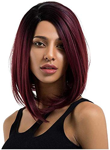Peluca corta recta Bob para las mujeres tendencia vino rojo degradado peluca con raíces negras ombre Pelucas de aspecto natural con pelo libre