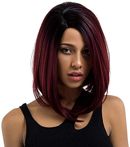 Peluca corta recta Bob para las mujeres tendencia vino rojo degradado peluca con raíces negras ombre Pelucas de aspecto natural con pelo libre
