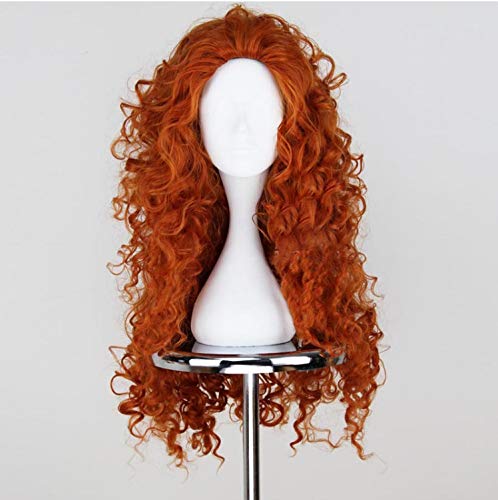 Peluca de pelo largo rizado naranja Mérida para cosplay con pelo sintético de onda profunda para niñas, fibra resistente al calor.