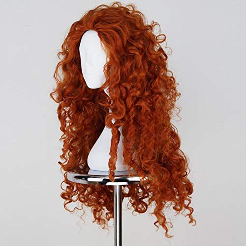 Peluca de pelo largo rizado naranja Mérida para cosplay con pelo sintético de onda profunda para niñas, fibra resistente al calor.