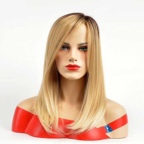 Peluca de pelo rubio, liso, altura media, de buena calidad, natural, completa, peluca para mujeres + casquillo