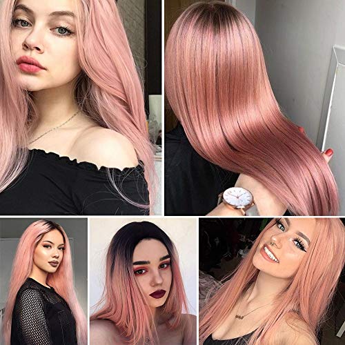 Peluca Rosada para Mujeres Ombre Sedosa Peluca Lisa Larga 22 Pulgadas Línea Natural Parte Media Peluca Sintética para Mujeres Fiesta Halloween Disfraz