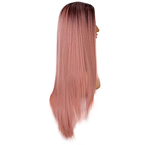 Peluca Rosada para Mujeres Ombre Sedosa Peluca Lisa Larga 22 Pulgadas Línea Natural Parte Media Peluca Sintética para Mujeres Fiesta Halloween Disfraz