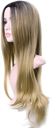 Peluca rubia Ombre para mujer, pelo largo, recto, raíz oscura, rubio, peluca sintética con gorro para el pelo
