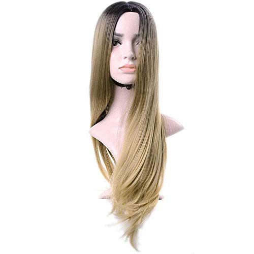 Peluca rubia Ombre para mujer, pelo largo, recto, raíz oscura, rubio, peluca sintética con gorro para el pelo