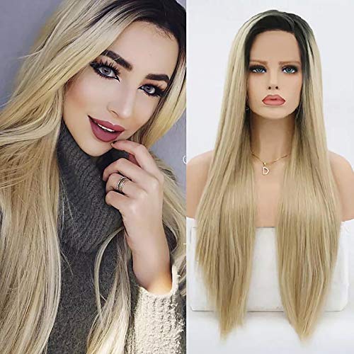 Peluca rubia Ombre para mujer, pelo largo, recto, raíz oscura, rubio, peluca sintética con gorro para el pelo